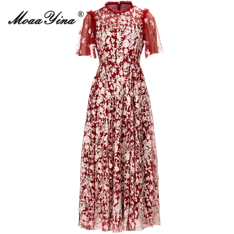 

MoaaYina Autumn Fashion Runway Vintage Mesh Party Dress Women O Neck Short Sleeve Ruffles Embroidery High Waist Slim Long Dress