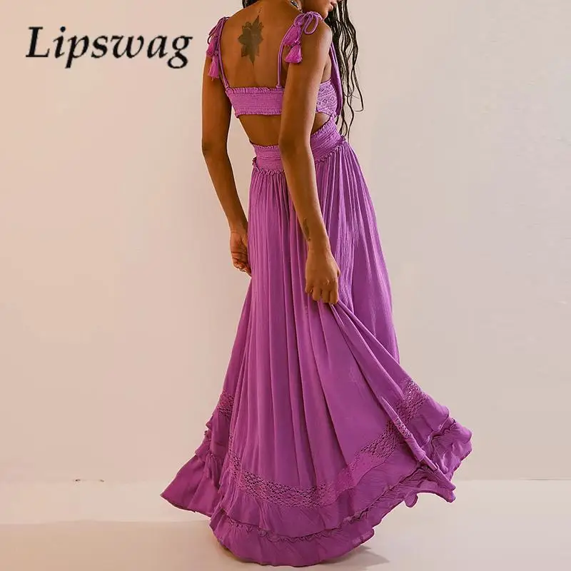 

Женское элегантное кружевное пляжное платье с вышивкой, женское однотонное платье 2024 с оборками и кулиской, сексуальное длинное ажурное платье с открытой спиной