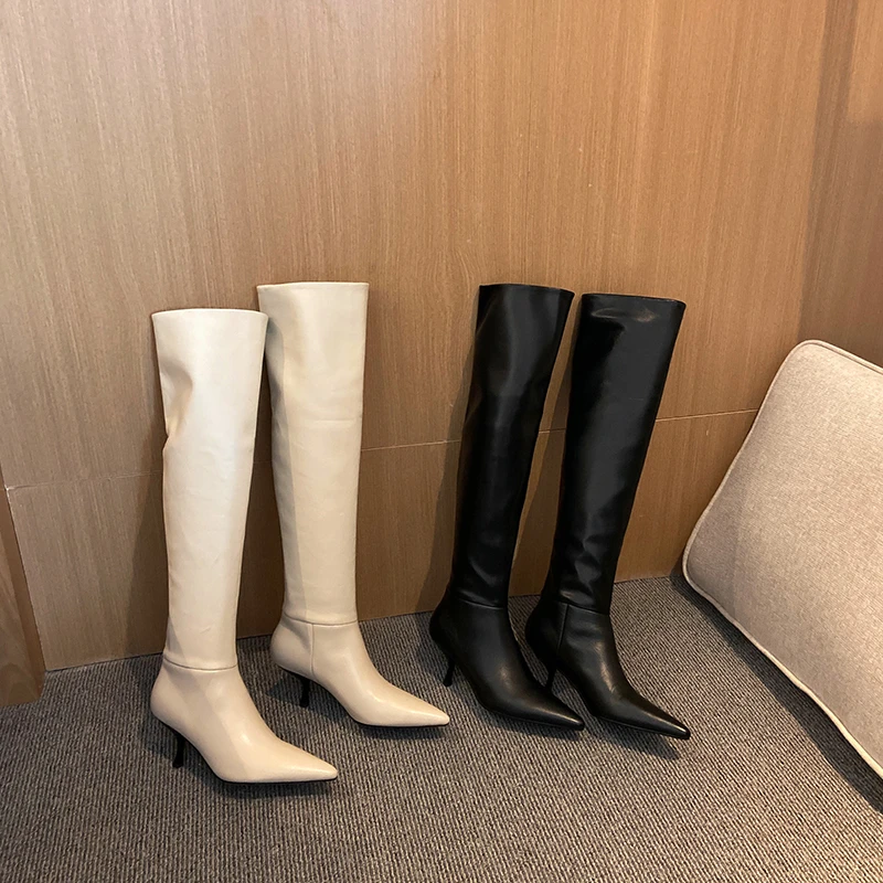 

2023 new Autumn Women knee high boots natural leather 22-25cm cowhide+pigskin modern boots pointed toe Retro Elastic boots