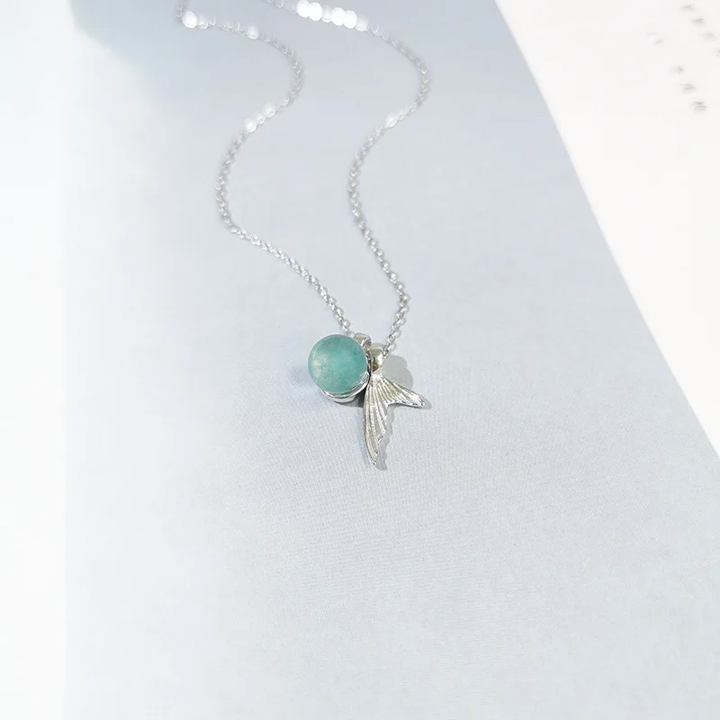 Fish foam Crystal Fishtail Pendant Chain S925 Sterling Silver Necklace