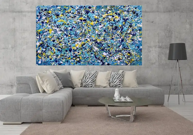 Pittura Blu Extra Large Canvas Art, Arte Astratta Moderna, Jackson Pollock Style Art, Pollock Painting On Canvas Oversize Wall