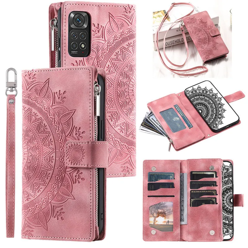Leather Flip Phone Case with Long Lanyard and Zipper Wallet Card Holder