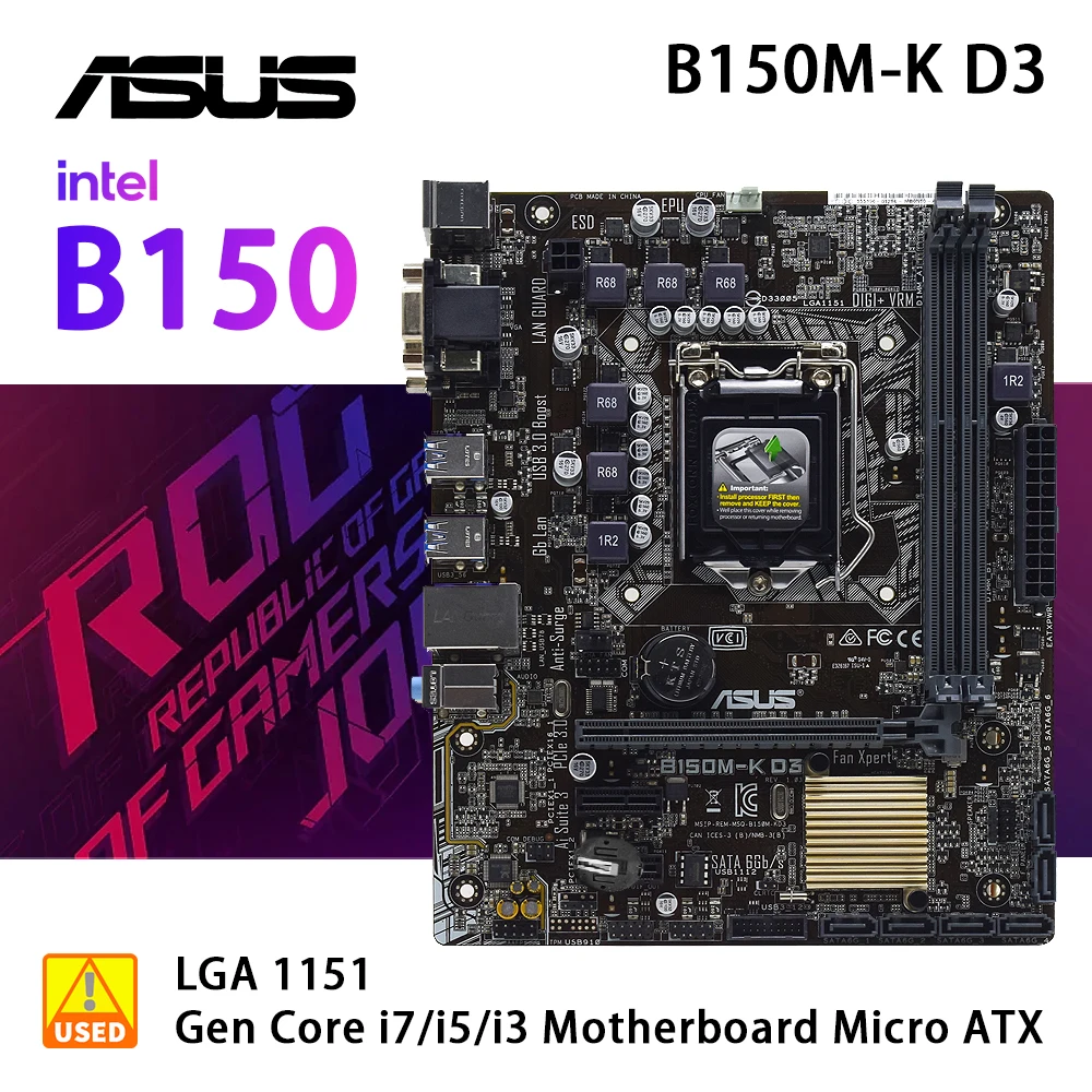 

LGA 1151 Motherboard ASUS B150M-K D3 For 6 Gen Core i7/i5/i3 Intel B150 DDR3 32GB PCI-E 3.0 6×SATA III USB3.0 Micro ATX