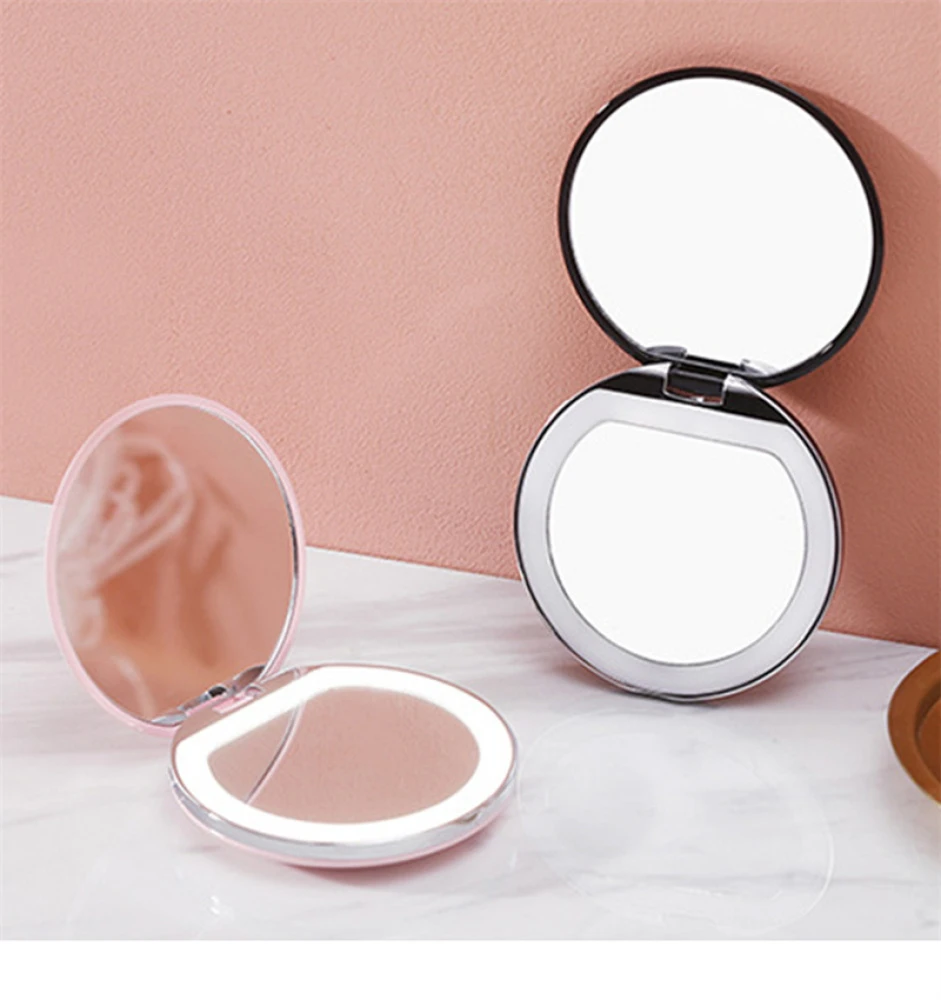 Mini Portable Folding Travel Mirror Led Light Makeup Compact 10x