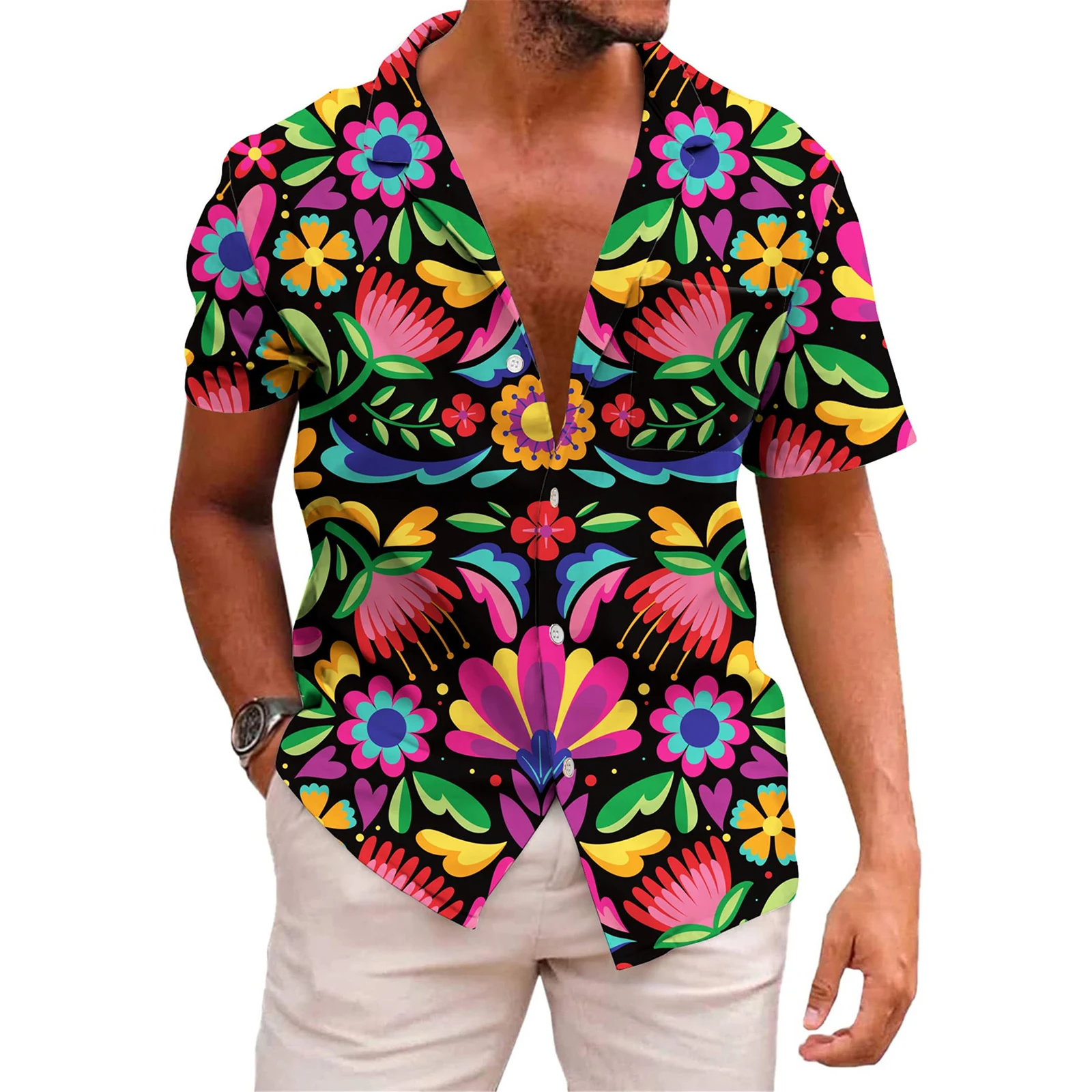 Funny Flower Men's Shirts Beach Shirt Tee 3D Print Mexico Men's Clothing Tops Oversized Hawaiian Shirt Short Sleeve Button Lapel