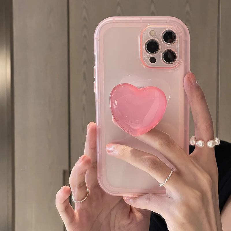 Pink Love Heart Jelly Stand Holder Soft Case - Clear Protective Back Cover