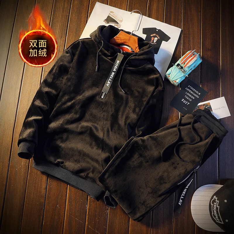 thumbnail image 1 of Sudadera con capucha de doble cara para hombre con pantalones, traje de terciopelo para invierno y otoño, nuevo conjunto de chándal de dos piezas de terciopelo dorado para ocio, 1 of 5