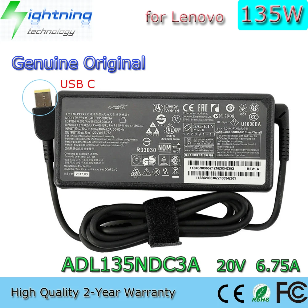 

New Genuine Original 135W 20V 6.75A USB ADL135NDC3A Laptop AC Adapter for Lenovo ThinkPad T440p T530 T540p W540 Charger