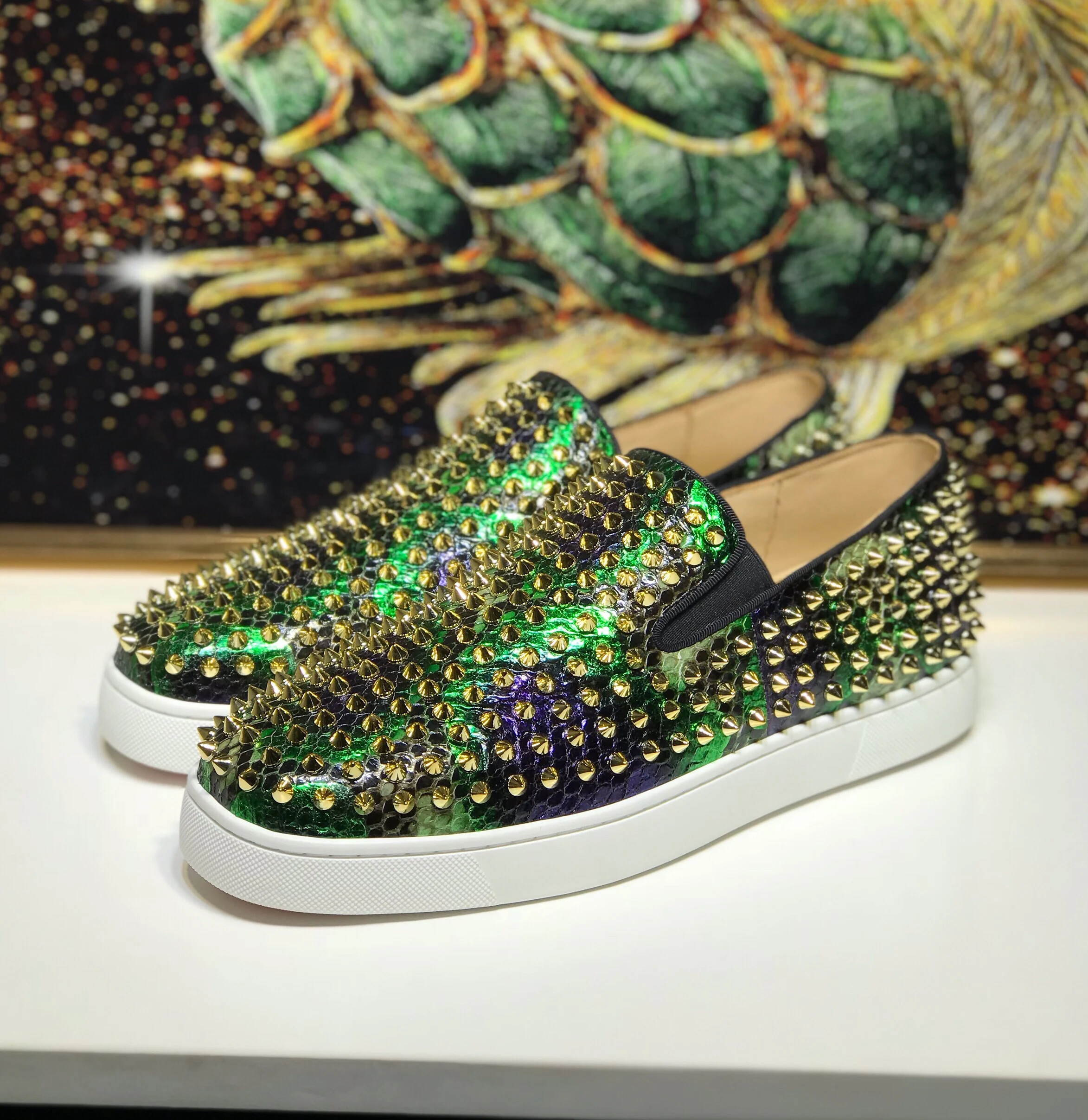 Luxury Brand Shoes leather green snake full of nails one pedal men and