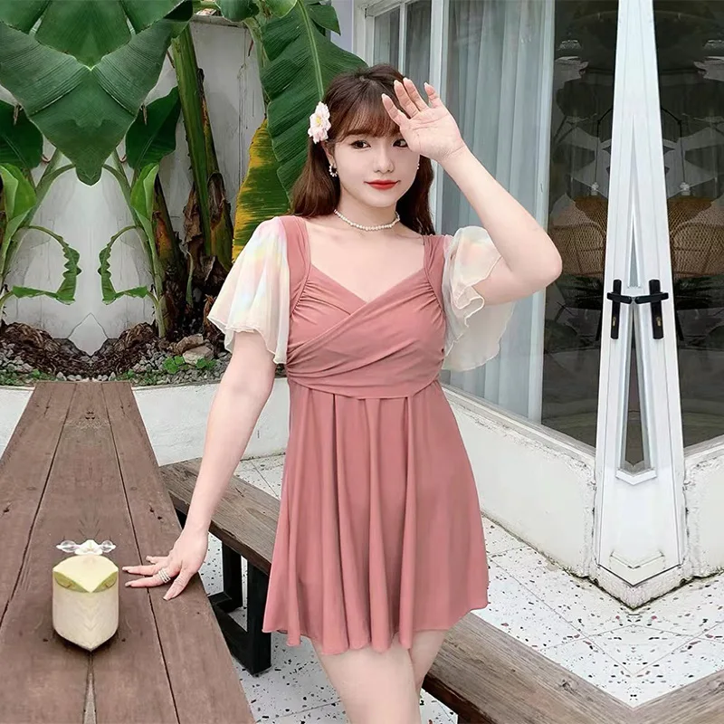 

Swimwear Ladies Korea 2023 New Big Size V-neck Swimsuit Women One-piece A Line Dress Conservative Rash Guard Beach Wear