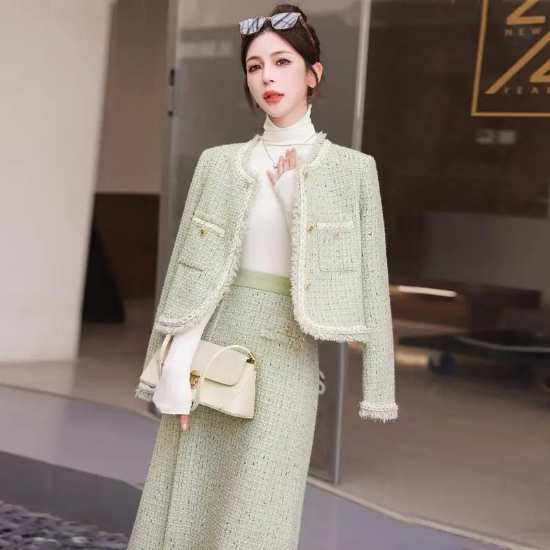 

Tweed Women's Suit Jacket Skirt Autumn and Winter New Elegant Socialite High-grade Woolen Suit Coat Top Long Skirt Two-piece Set