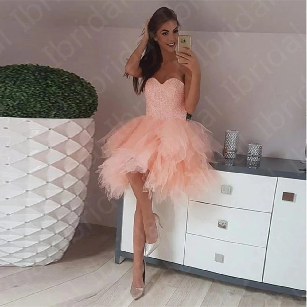 

ANGELSBRIDEP Blush Homecoming Dresses Short A Line Rulles Wedding Party Gowns Beading Bodice Ruffle Skirt Party Formal Dresses