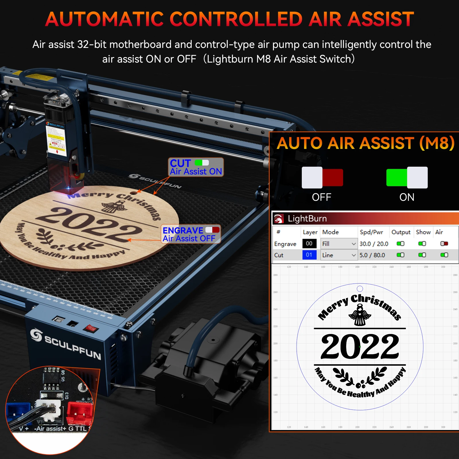 SCULPFUN Automatic Air Assist Kit 30min/Min Automatic Air Pump Suitable for S9/S10 updated Laser S30 32bit Assist