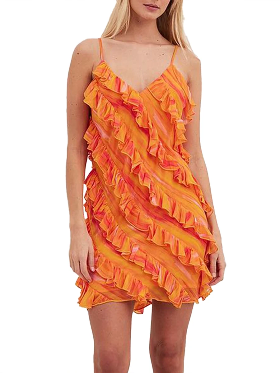 

summer Ruffled dress women 2023 V Neck Spaghetti Strap Sleeveless Party Dress for Cocktail Beach Streetwear