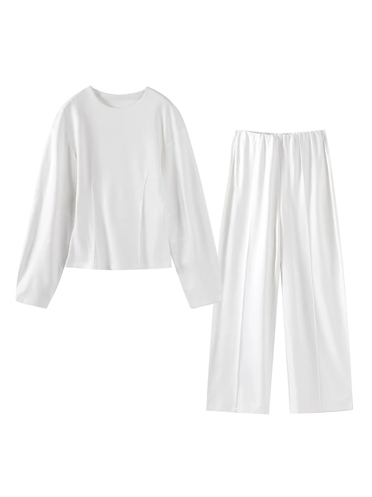 Elegant Solid Top Pants Women Set Long Sleeve O-neck Pleated Tops Wide Leg Trousers Suits 2024 Autumn Vacation Lady Suit 6