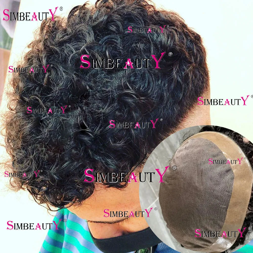 

20mm Curly Toupee Men's Wigs 100% Human Hair Super Durable Mono Black Brown Male Capillary Prosthesis Hair Replacement System