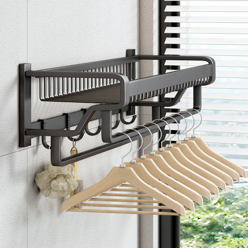 Multifunctional Towel Rack with Hook Bathroom Accessories Wall Mount Rail Shower Hanger Aluminum Matte Black Shelf Organizer