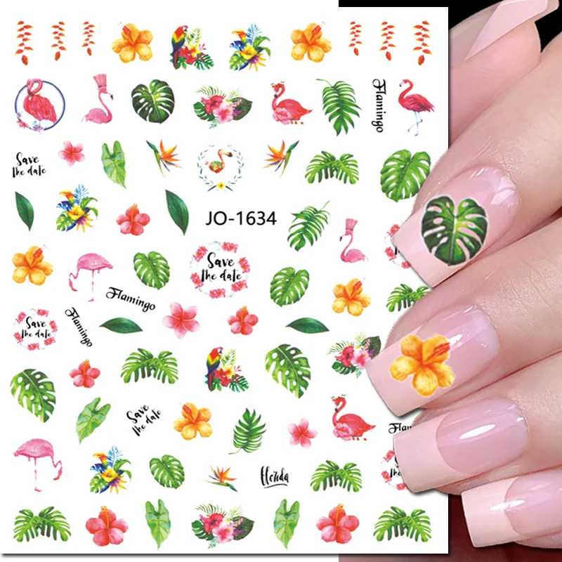 3d Nail Art Stickers Tropical Green Palms Leaves Flowers Flamingo Adhesive Sliders Nail Decals For Manicures Tips Decorations