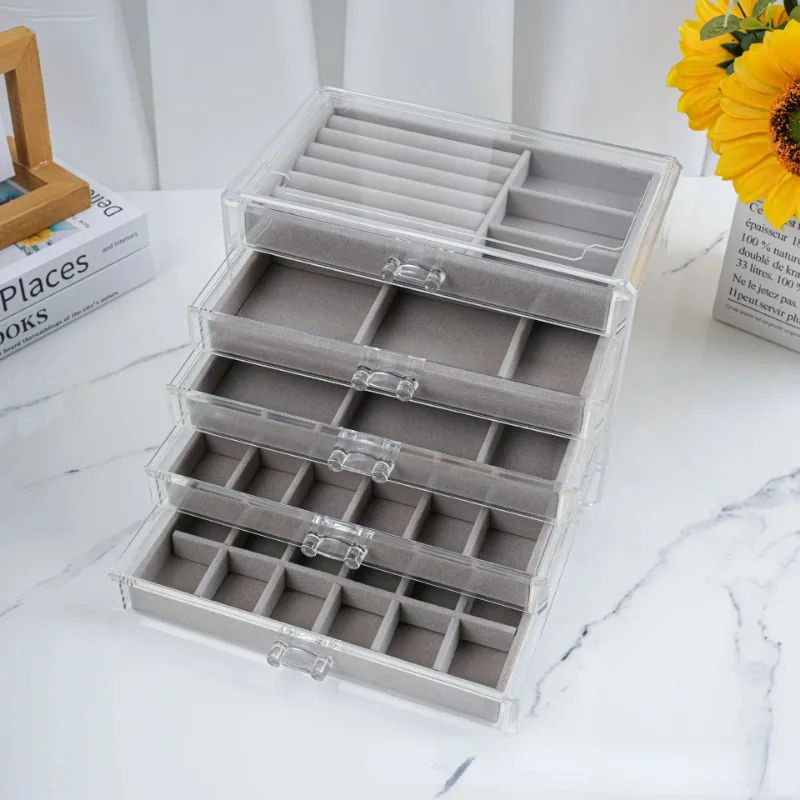Jewelry Organizer Box Transparent Display Case 5 Layer Earrings Necklace Ring Plastic Storage Boxes Velvet Jewelry Tray Gifts