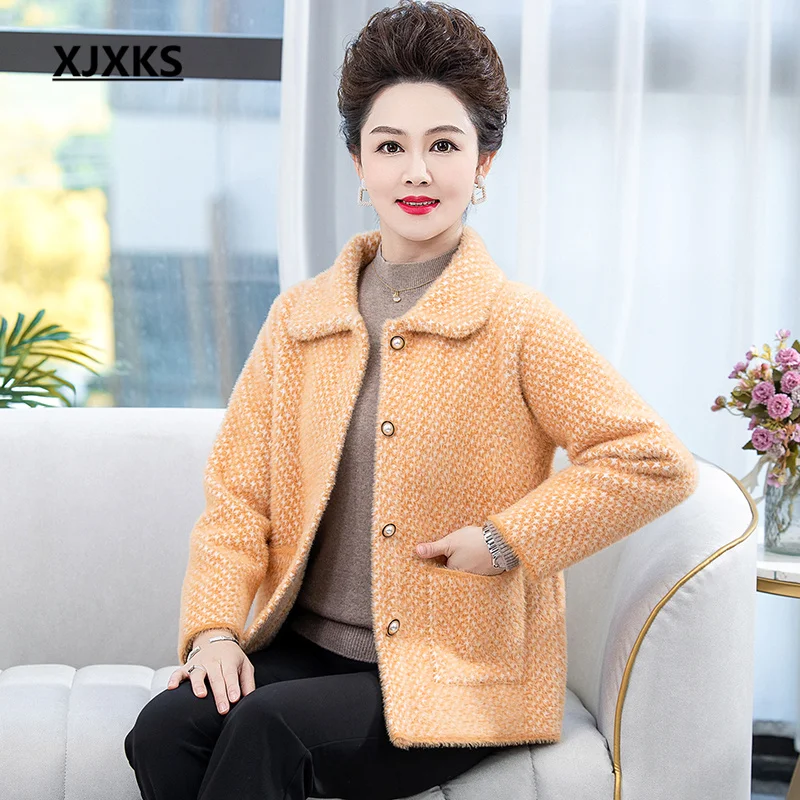 

XJXKS 2022 New Women's Winter Coat Loose Oversize Single-breasted Cardigan Fashion Lapel Jacket Warm Female Chaquetas
