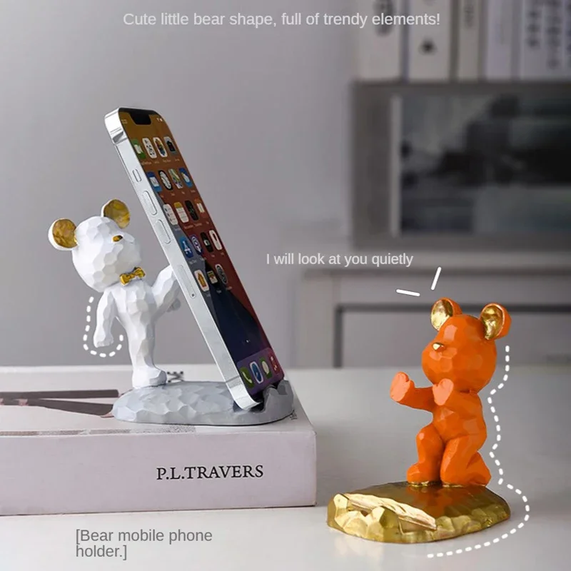 Cute Home Decoration Bear Phone Holder Desk Accessories Aesthetic Room Decor Gadgets Desktop Sculpture Gifts