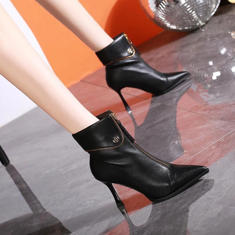 

ZOOKERLIN British Pointed Temperament Woman Boots Stiletto Front Zipper Genuine Leather Shoes For Women Short Tube Martin Boots