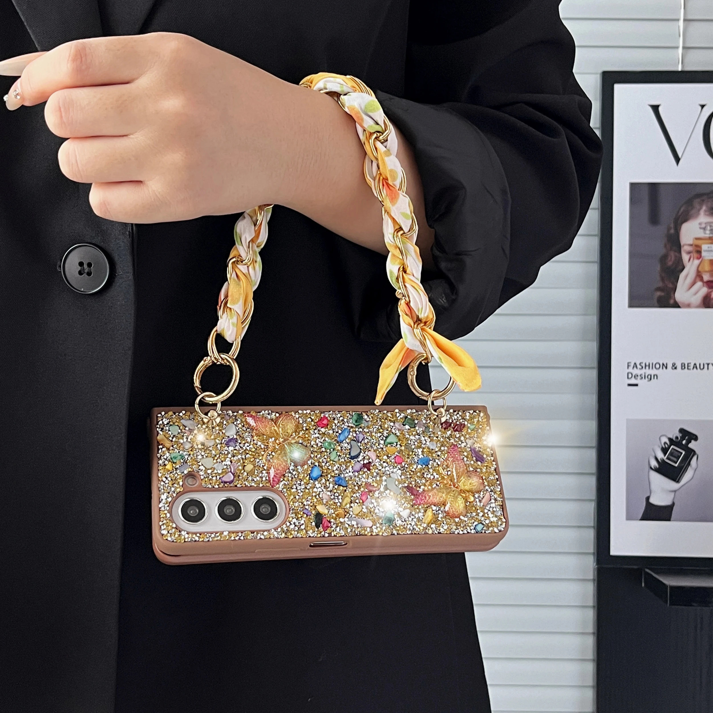 Cute Girl Colorful Butterfly Stone Diamond Glitter Phone Case Cover For Samsung Galaxy Z Fold 3 4 5 6_voghion.com