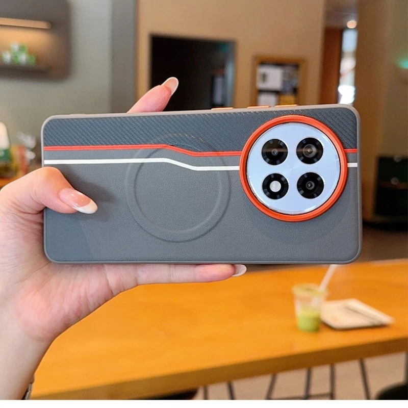 Luxury PU Leather Matte Magnetic Back Cover with Wireless Charging Compatibility