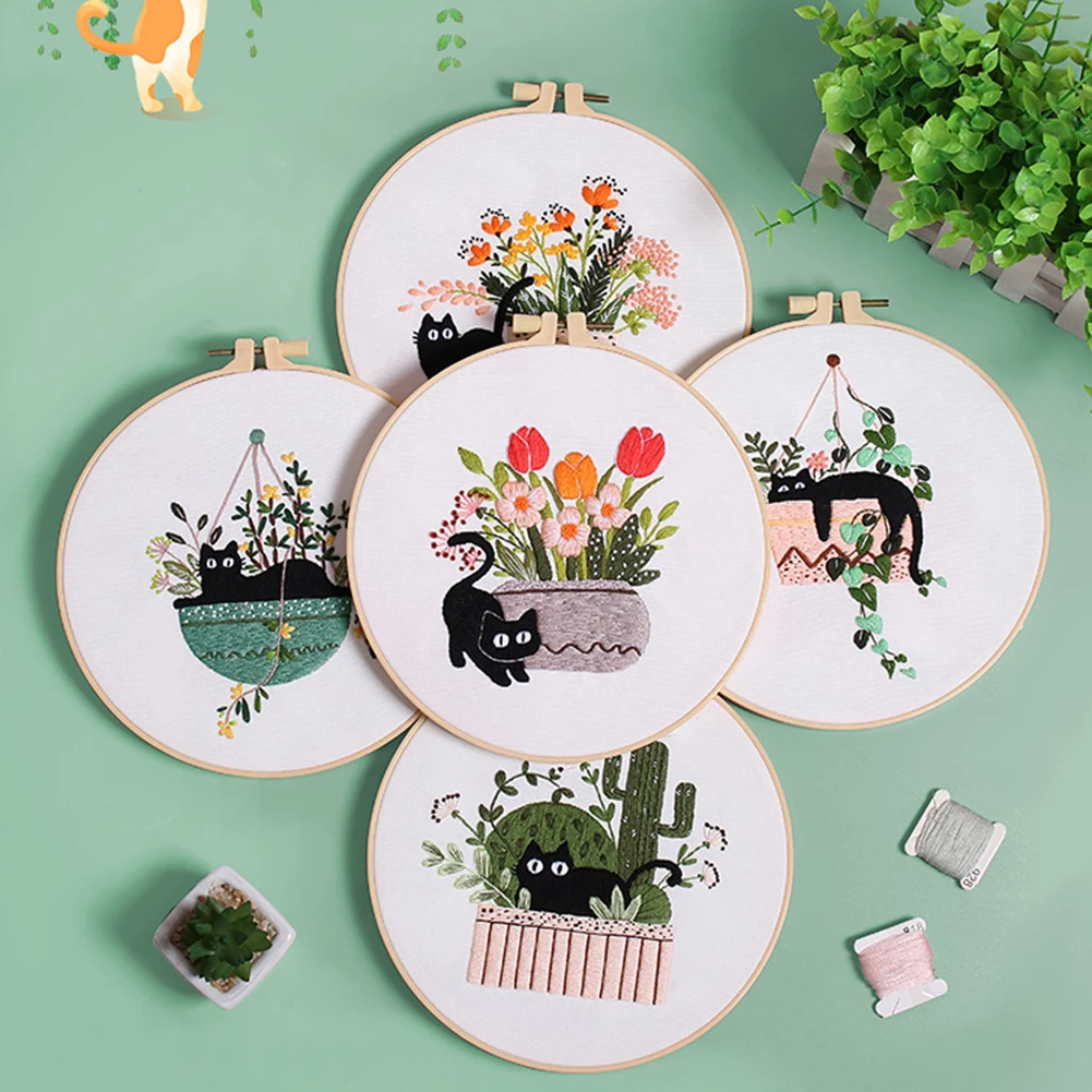 DIY Cat Embroidery Starter Kit With Embroidery Hoops Threads Needles Cross Stitch Kits For Beginners Arts Craft Lover