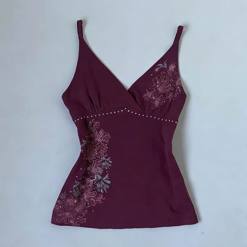 Ästhetisches Blumenmuster Strass-Dekor Schlankes Camisole-Top Sommer V-Ausschnitt Rückenfreies Mode-Streetwear Vintage Harajuku Ärmelloses Oberteil – Detail 3