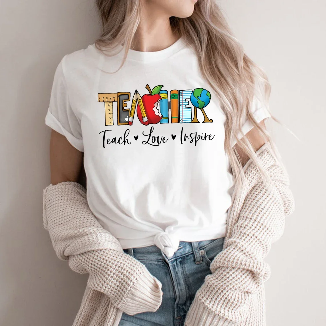 

Inspirational Teacher Women Shirts Teach Love Inspire Shirt Back To School Tee Appreciation Teacher Casual Tops Printed Tshirts