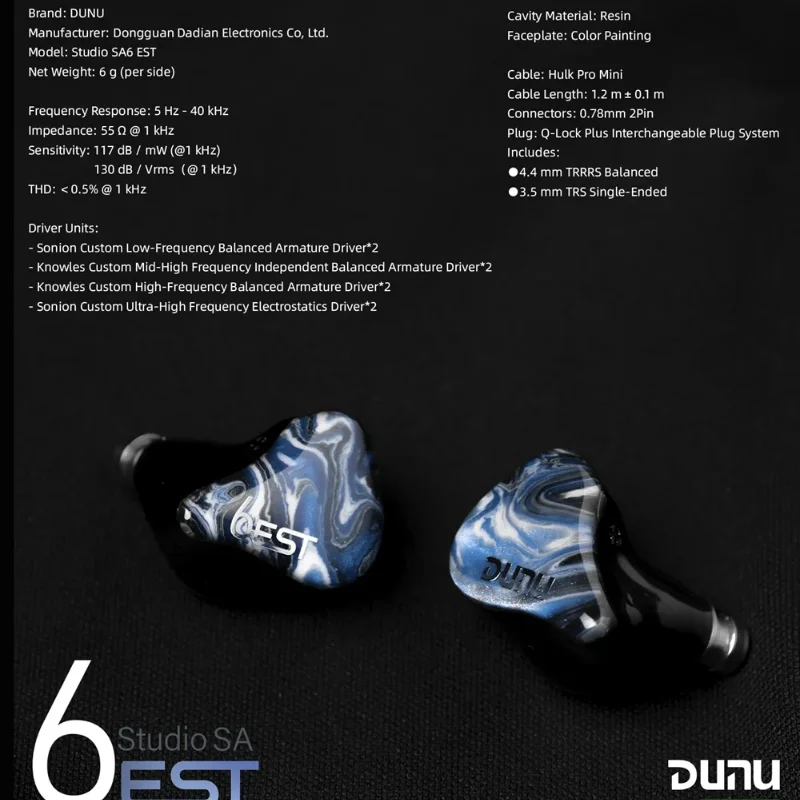 DUNU SA6 EST Headset 6BA+2EST 8-Driver Hybrid IEM Hifi Headphones with Upgraded and High-Quality Cable for Audiophiles Musicians 6