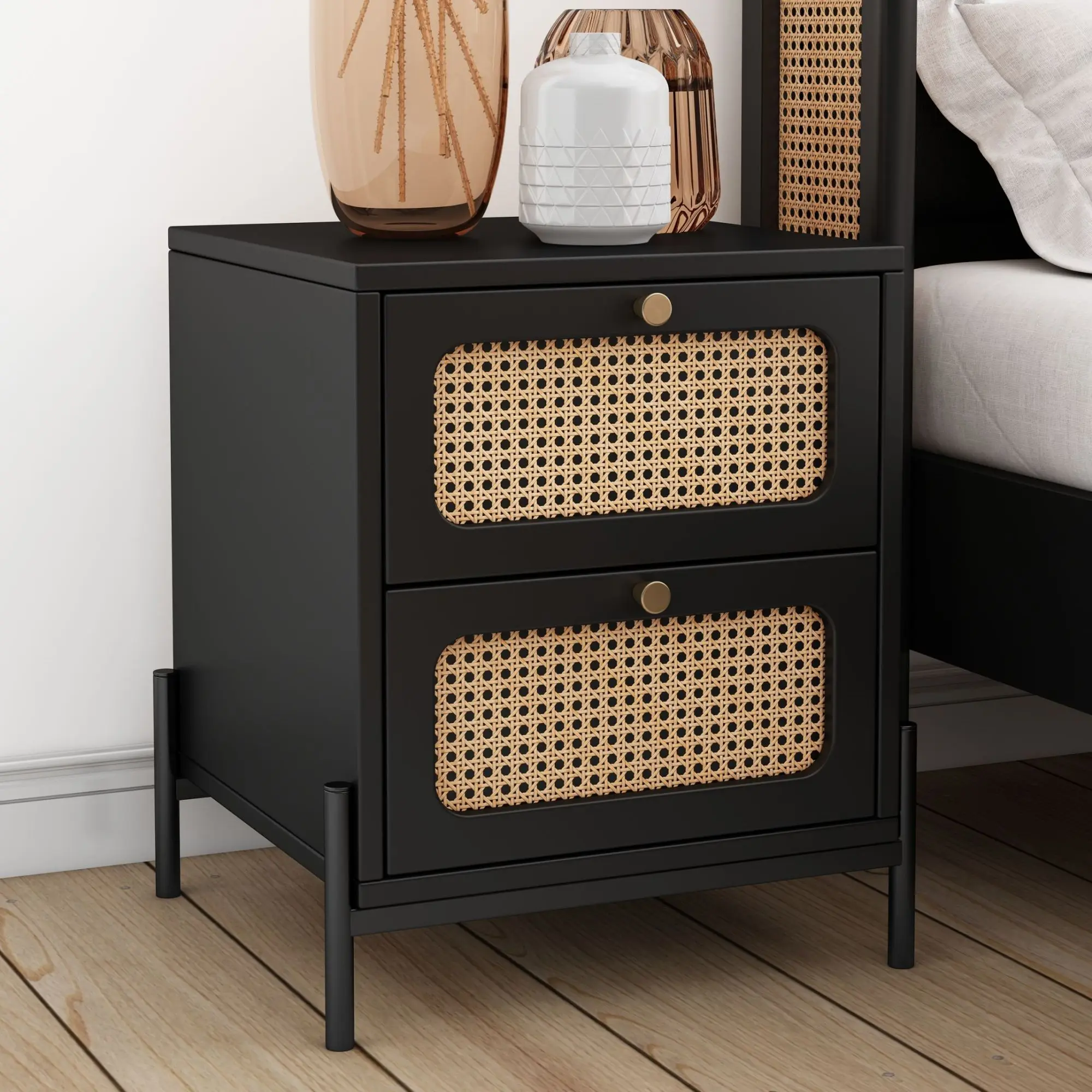 

Modern Cannage Rattan Wood Closet 2-Drawer Side Table End Table Nightstand for Bedroom, Living Room, Entryway, Hallway