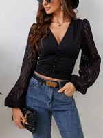 Lantern Sleeve Patchwork Pleated V-neck Shirt 6