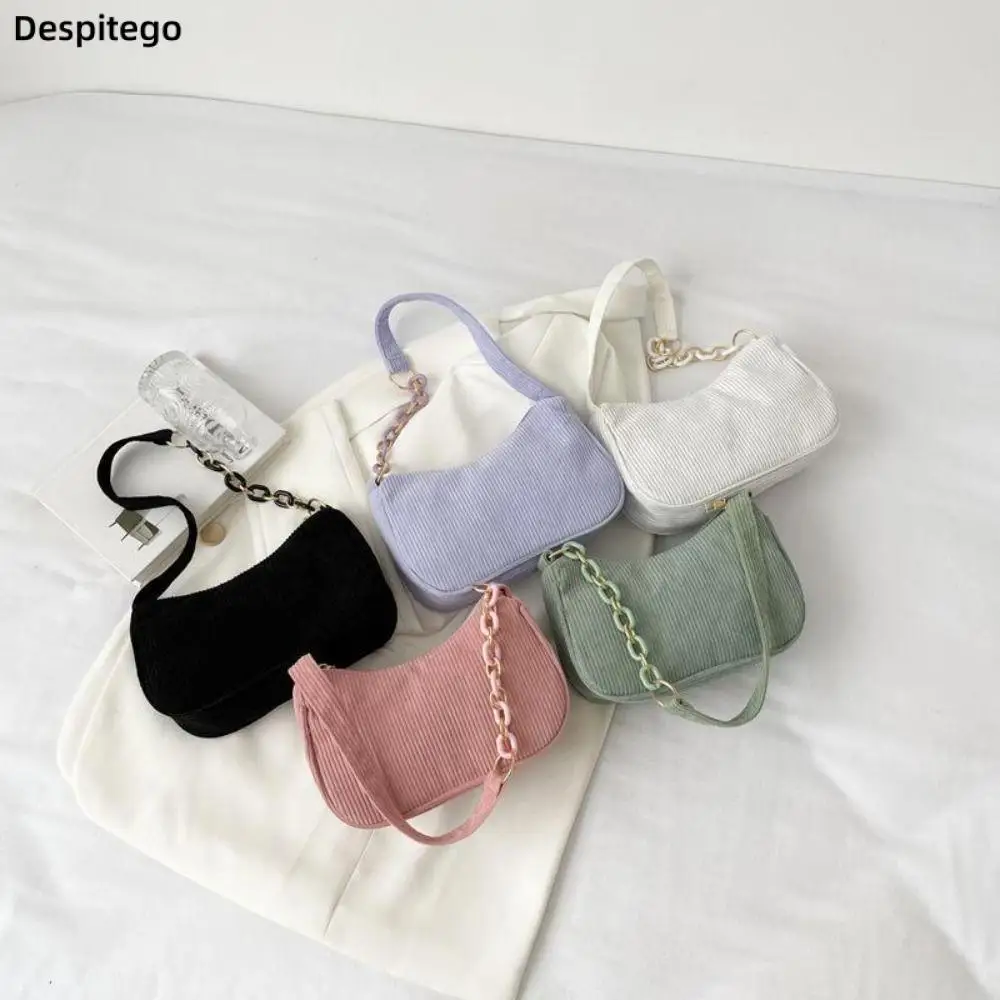 

Korean Corduroy Chain Shoulder Bag Simple Crossbody Bag Velvet Handbag Solid Color Canvas Underarm Bag Phone Bag