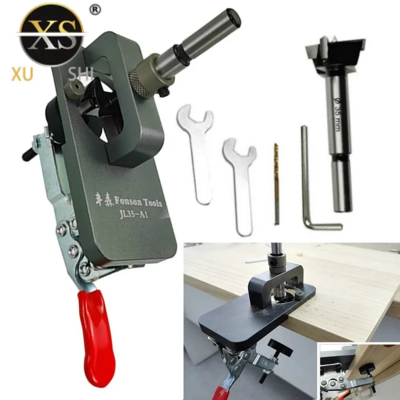 

35mm Hinge Boring Jig Woodworking Hole Drilling Guide Locator with Fixture Aluminum Alloy Hole Opener Template Door Cabinets