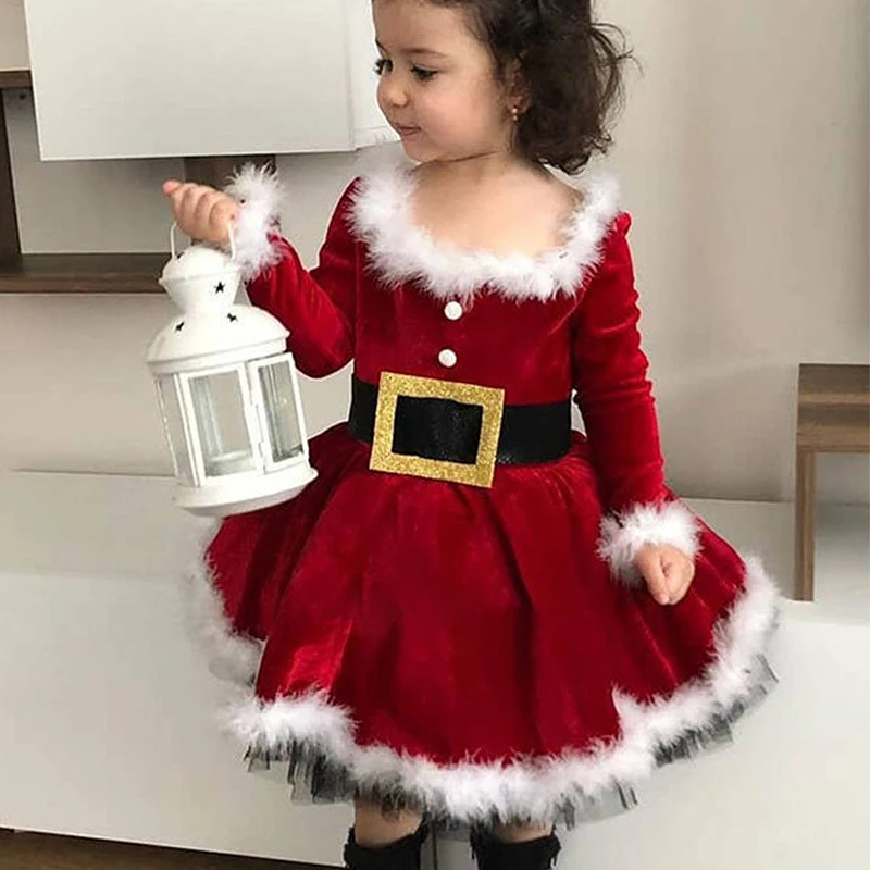 

Kids Girls Christmas Dress, Winter Warm Long Sleeve Furry Patchwork Dress with Bowknot Headband for Cosplay Party