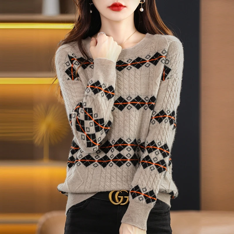 

100% Pure Wool Sweater Women's Crew Neck Pullover 2022 Fall/Winter Colorblock Knit Top Casual Korean Style Fashion Knit Pullover