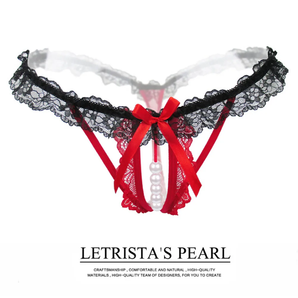 

Sexy Open Crotch Lingerie Women's Crotchless Pearl Lace Thongs Panties G-String Underwear
