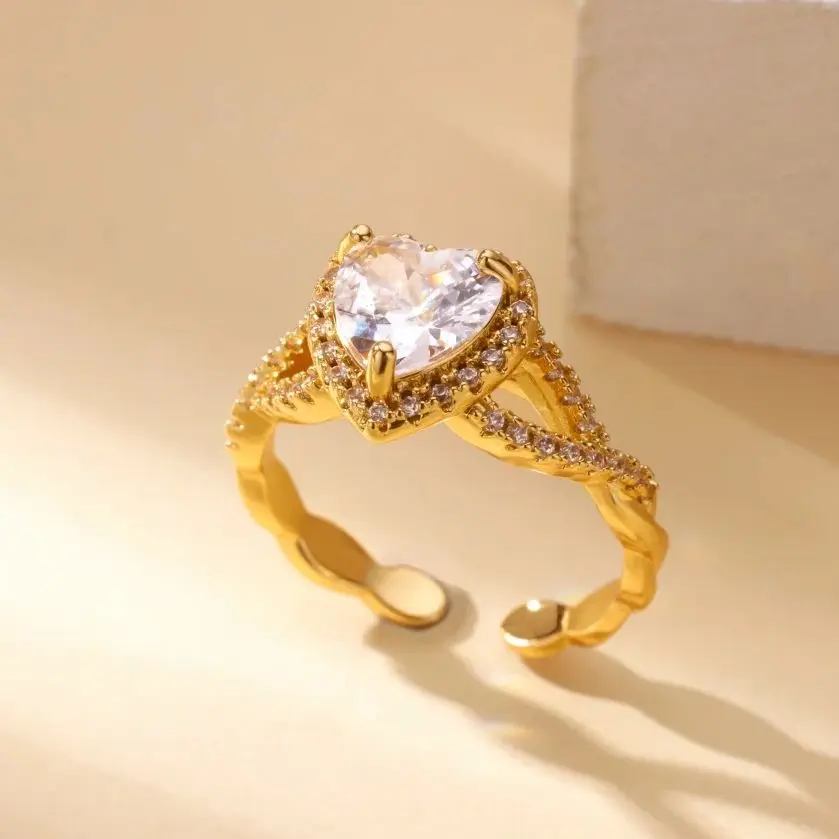 Zircon Heart Rings Gold Color Stainless Steel Adjustable Finger Ring