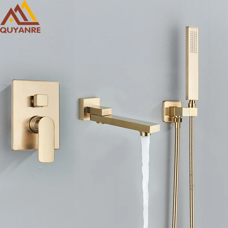 Brushed Gold Bathtub Shower Faucet Rotate Tub Spout Shower 2-way Embedded Box Brass Handheld Shower Hot Cold Water Bath Shower