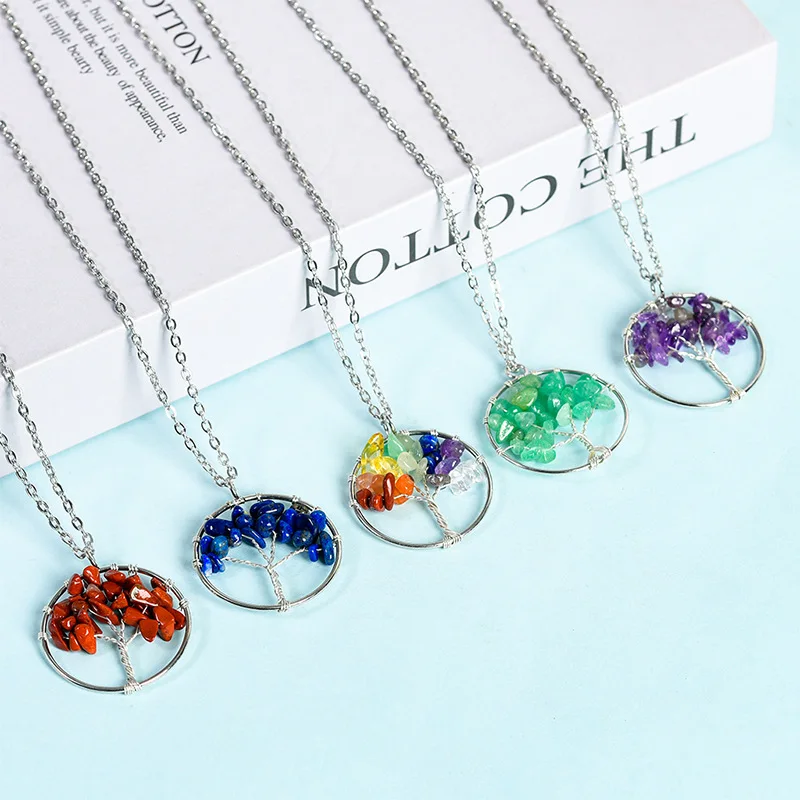 

7 Chakra Quartz Natural Stone 30MM Tree of Life pendulum Pendant Necklace for Women Healing Crystal Necklaces