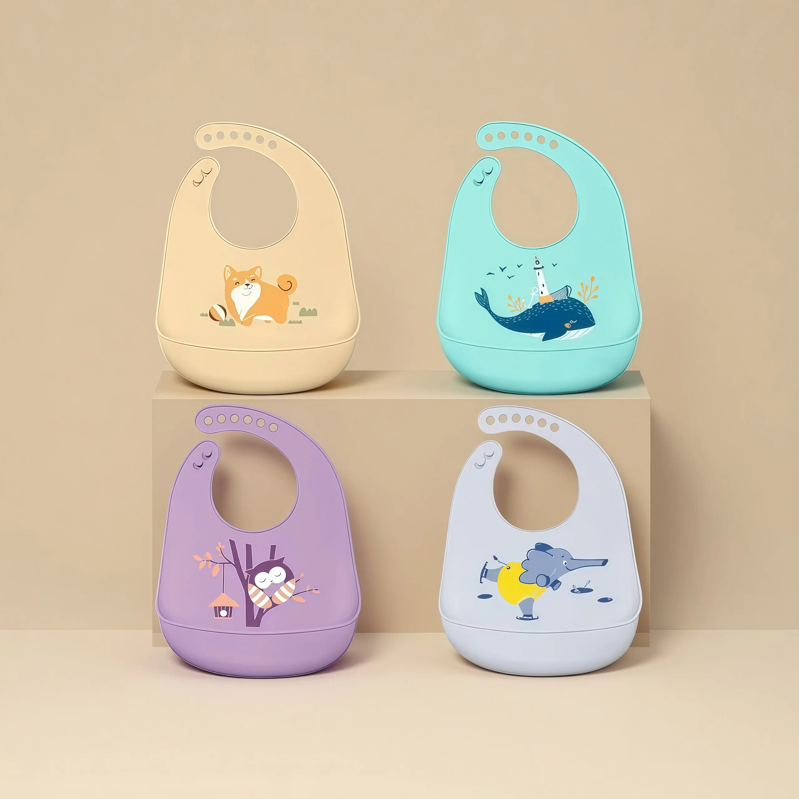 Waterproof Silicone Baby Bibs Adjustable Printed Design for Girls Boys Soft Leak-Proof Feeding Bibs BPA-Free