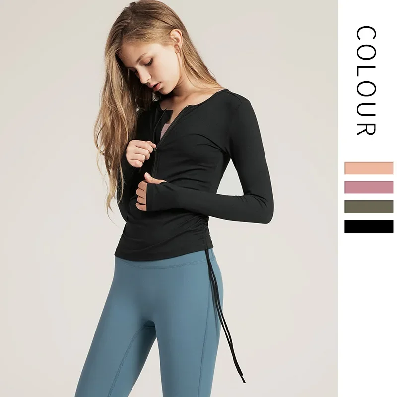 Women Long Sleeve Shirt Half Zip Drawstring Yoga Tennis Tops Ladies Sports Activewear Round Neck Running Blouse for Fitness