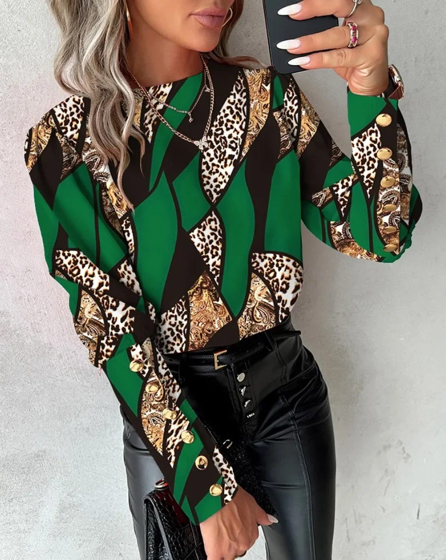 Casual Blouse Women Autumn 2024 New Baroque Leopard Print Gigot Sleeve Fashion Versatile O-Neck Button Tops Pullover for Female