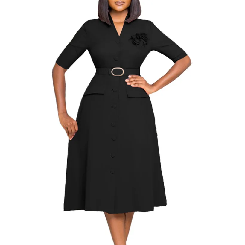 

Women's New Half Sleeve Solid Stretchy Work OL Casual Bodycon Sheath Dress with Belt Corsage Business Cocktail A Line Dresses