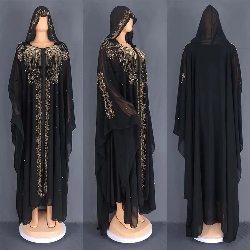 Black Jellaba For Women Muslin Dubai Turkey Morocco Caftan Kaftan Loose Bat Sleeves V-neck Robe Fashion Women Clothing Islam