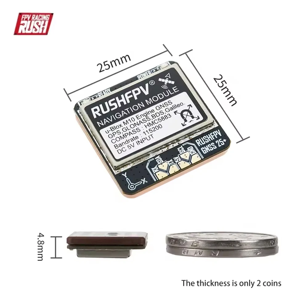 Module GPS Rushfpv GNSS MINI uBlox M10 installé sur un drone FPV, fixé avec du ruban adhésif double face