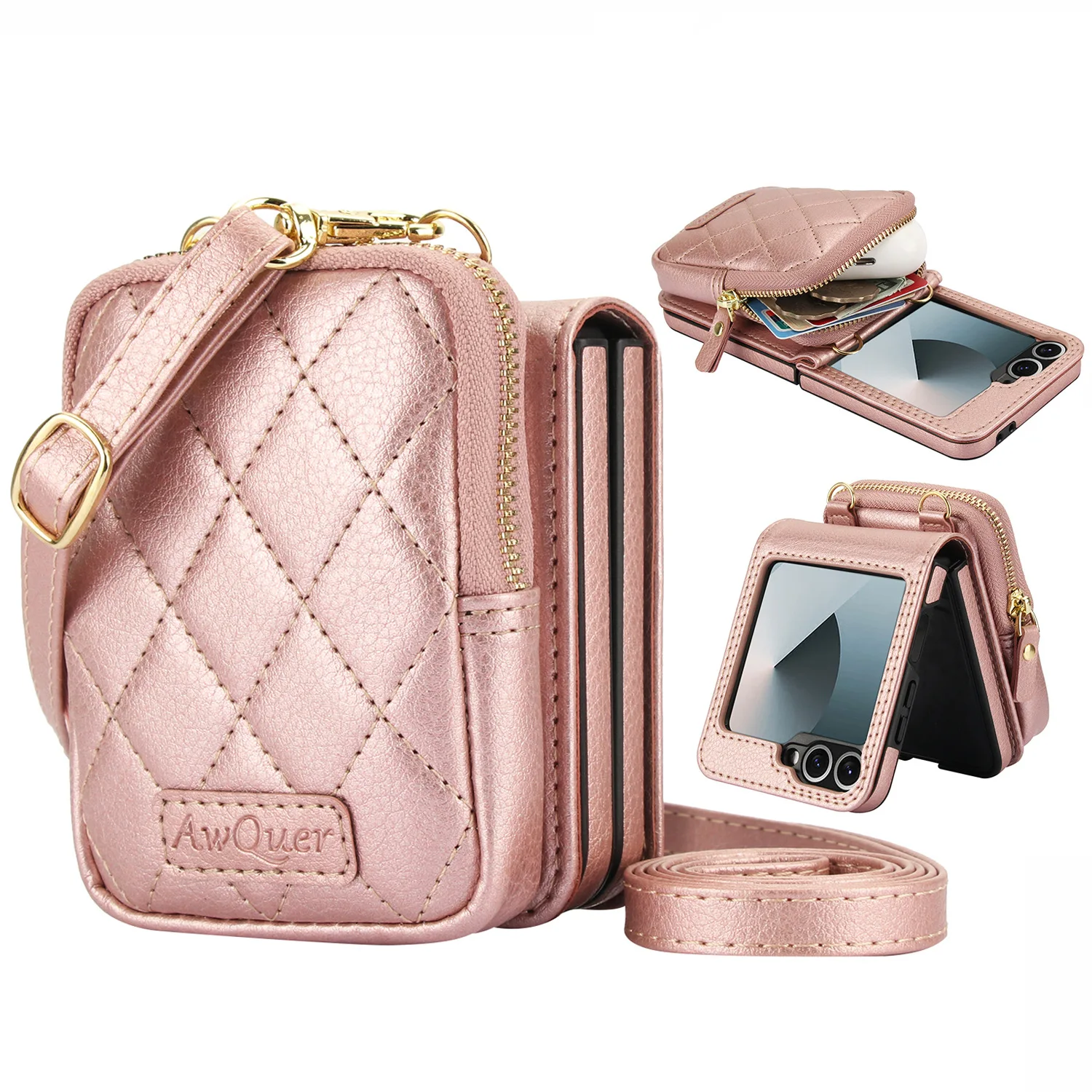 Luxury Crossbody Lychee Leather Wallet Case with Long Lanyard Protective Cover