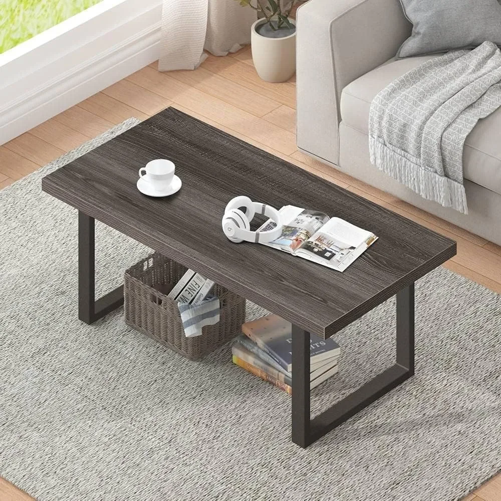 Rustic Coffee Table, Wood and Metal Simple Industrial Modern Center Table, Wooden Farmhouse Cocktail Table for Living Room 6